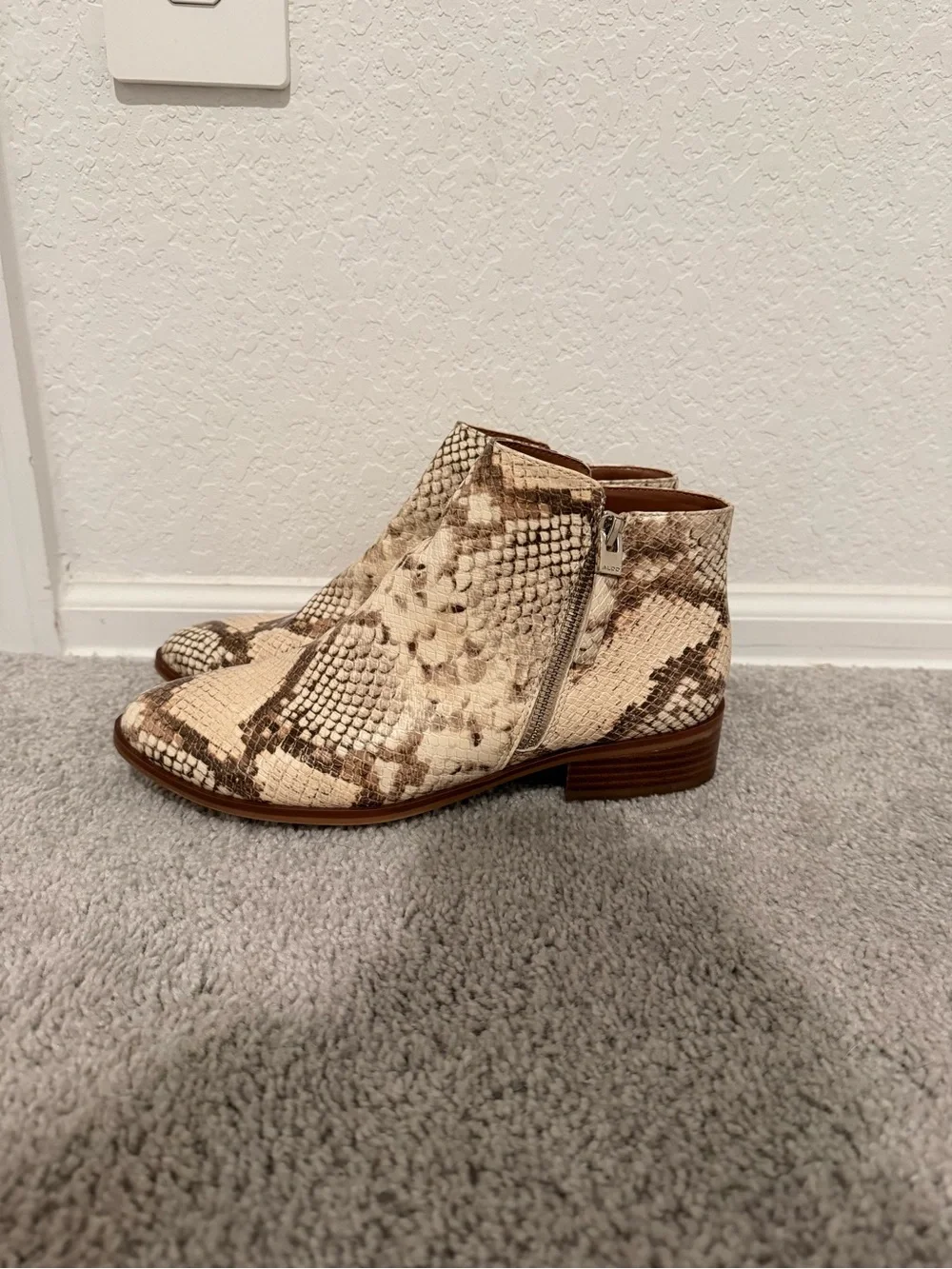 Aldo Women’s Snake-Print Ankle Boots in Beige and Brown 7.5